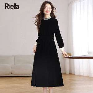 puella | Elegant French Style Black Velvet Long Sleeve Dress