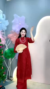 Áo dài cách tân nữ đồ mặc Tết set áo dài Gấm lông vũ cao cấp 2 lớp kèm quần dài Tuyết Nhung