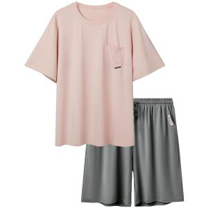 YOUKESHU | Summer Ice Silk Cool Feeling Modal Loose Short Sleeve Mens Sleepwear Set Comfortable Breathable Lightweight Round Neck Pajamas