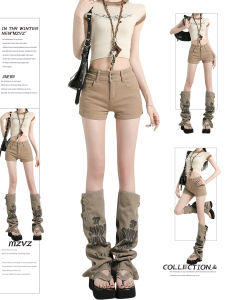 MZVZ | Retro American Style Khaki Double Buckle Denim Shorts