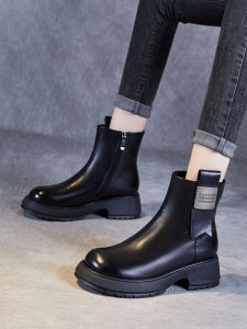 Genuine Leather Martin Boots Womens Short Boots Thick Bottom Woolen Lined Winter Boots Spring Autumn Leather Boots