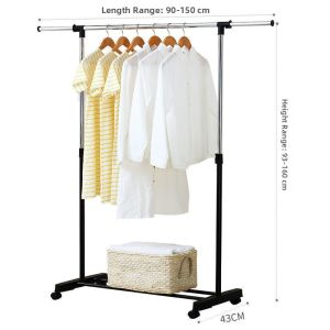Stainless Steel Floor-Mounted Single Rod Clothes Drying Rack Adjustable Height Bedroom Portable with Wheels Indoor Balcony Clothes Hanger
