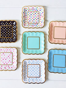 Thickened Gold Edge Colorful Dot Pink Mint Green Blue Dessert Plate Birthday Cake Paper Tray 6 Inch Small Square Plate