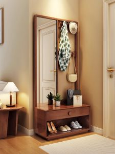 Solid Wood Entryway Coat Rack Stand Shoe Bench in One Multi-Functional Home Use Dressing Mirror Clothes Hanger Integrated