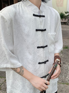 New Chinese Style Mens Short Sleeve Stand Collar Shirt Buckle Jacquard Retro Zhongshan Suit Cropped Half Sleeve Tang Suit Shirt