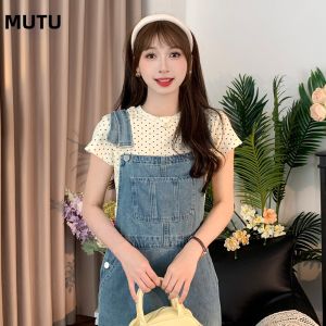 Bộ váy nữ MUTU chất liệu denim họa tiết chấm bi