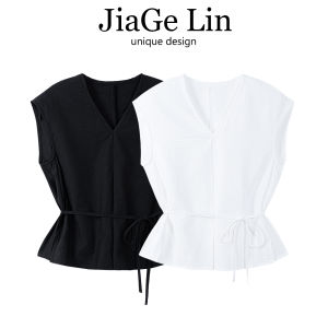 JiaGeLin French Elegance V-neck Tie-dress White Sleeveless Shirt Womens Summer Outerwear Tank Top Small Shirt
