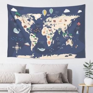 VIKAMA Vintage World Map Double Hemisphere Wall Tapestry Antique Old Nautical Chart Exploration Historical Geography Decor Cozy