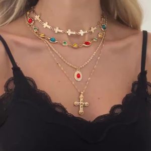 Ingemark 4Pcs/Set Luxury Inlay Colorful Glass Rhinestone Cross Pendant Necklace Exquisite Multiple Layers Stackable Y2K Jewelry