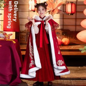 Thickened Fleece Childrens Hanfu Coat Windbreaker Outdoor Warm Outerwear Red Winter Girls Shawl Coat with Hat Poly Fiber
