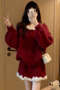 XUECAIQI | Purple Knit Sweater Set Women One-piece Outfit