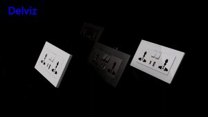 DELVIZ  Double three-hole Type-c port QC charging wall socket.  The power supply is controlled by a switch.  1A1C 5V2100mA.  The size is 146mm x 86mm.  Compatible with any plug use.  Frames come in plastic and glass in black white and gray.