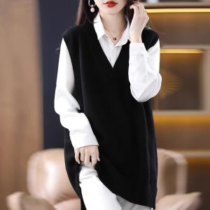 Womens V-Neck Knitted Wool Vest Loose Fit Comfortable Mid-Length Overhead Style Pure Color Autumn Winter New Fashion Top