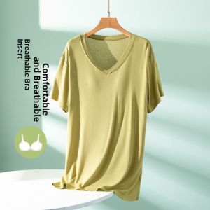 Loose V-neck T-shirt Women Summer Thin Short Sleeve Modal Base Shirt Mid-length Outerwear Casual Comfortable Breathable Top