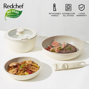 Redchef Nonstick Ceramic Rock Cookware Set Handle Removable (5Pcs) Non Toxic PFAS& PTFE& PFOA Free - Frying Pan(26+20cm)+Saucepan(20cm) Suitable for All Stoves(Gas Electric & Induction)