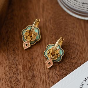 Elegant Enamel Window Flower Earrings Multi-Wear Retro Court Style Yellow Copper Fashionable Chinese Design Womens Jewelry