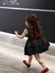 Sweet Polka Dot Princess Dress for Girls Black Splice Baby Clothes Korean Style Summer Fashion High-End Feeling Childrens Skirt