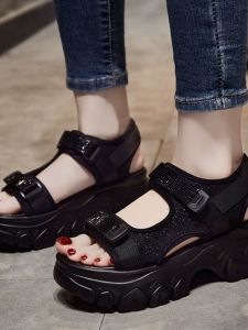 Casual Sporty Womens Sandals 2025 New Fashion Thick Heel Heightening Leisure Beach Shoes Elastic Band Closure Solid Color