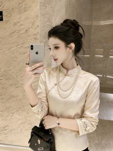 Stylish Chinese Style Embroidered Shirt Beige Spring