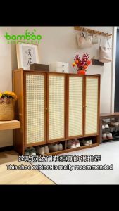 Bamboo Shoe Cabinet With Rattan Door Breathable Multi-layered Large Capacity Can Hold 45 Pairs Of Shoes