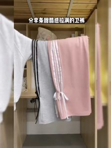 Quần Thể Thao Sọc Hồng Cạp Cao Cho Nữ Mùa Xuân 2024 Quần Ống Rộng Rộng Rãi Thoải Mái Quần Dài Thẳng Quần Dài