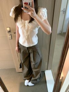 VKSOD | ชุดเสื้อเชิ้ตแขนสั้นคอเหลี่ยมเอวสูงแฟชั่นฤดูร้อนสำหรับผู้หญิง ชุดสองชิ้น ชุดกระโปรงขากว้าง ชุดทำงาน ชุดทำงาน ชุดทำงาน