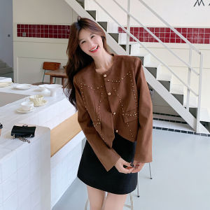 Brown Suede Short Jacket Womens 2025 Autumn New Small Size American Retro Rivet Design Sense Jacket Loose Fit Long Sleeve
