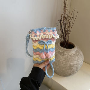 กระเป๋าสะพายไหล่ทรงกลมลายส้มถักสไตล์หวานๆ สำหรับเด็กผู้หญิง กระเป๋าใส่โทรศัพท์มือถือแบบสะพายไหล่ข้างเดียว กระเป๋าสตางค์ผ้าลายดอกไม้