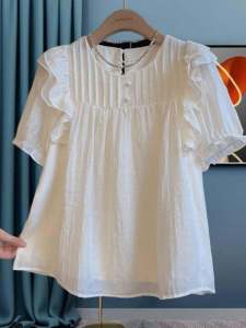  round Neck Short Sleeve Babydoll Shirt with Pocket Handkerchief Recommendation Slimming Gauze Summer Fashionable Versatile