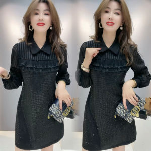 ชุดเดรสยาวแขนยาวคอปกแฟชั่นฤดูใบไม้ร่วง 2025 สำหรับผู้หญิง ชุดเดรสยาวปานกลางกระชับสัดส่วน ชุดคลุมท้อง เดรสทรงเอ