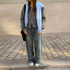 Washed Denim Jeans Women Loose Straight Wide Leg Pants Casual Long Trousers Deconstructed American Retro Style Cotton Fabric