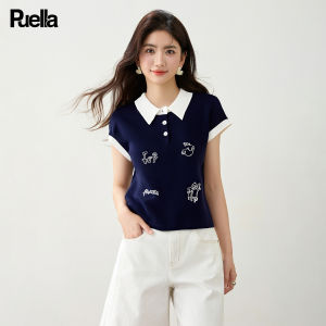 Puella | Fashion Color Block Polo Collar Embroidered Short Sleeve T-shirt