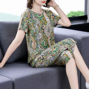 Cotton Silk Print Short Sleeve Cropped Loose Pants Suit Female Outwear Summer New Arrival Western Style Fashion Show Casual Two-Piece Suit