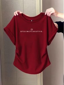 พลัสไซส์ ผู้หญิง สลิมฟิต เสื้อยืดแขนสั้น ไหล่สีแดงไวน์ ดีไซน์ ลำลอง สวมใส่ด้านใน เสื้อท่อนบน ใส่สบาย ผ้าฝ้าย Blend