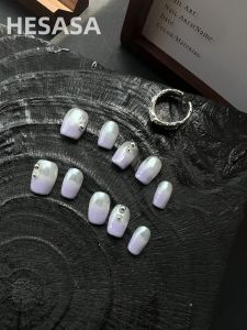 Hand-Painted Gradient Short Wearing False Nails Transparent Sensible Bluebell Hand-Drawn Wearable Nails Gentle Color Series