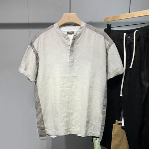 เสื้อเชิ้ตแขนสั้นผ้าลินินผสมคอตตอนผสมสไตล์วินเทจฤดูร้อนสำหรับผู้ชาย ทรงหลวม ปกตั้ง กระดุม ผ้า Oxford ทรงหลวม