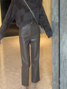 Mens Fashion Slim Straight Leg Leather Pants Grey Brown High Waist Long Trousers Commute Style Winter Collection