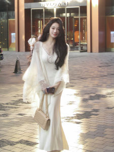 New Chinese Style Lace Splicing Cashmere Shoulder Shawl Strap Dress Set White Moonlight Homecoming Moment Womens Fashion