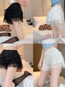 กางเกงขาสั้นผู้หญิงลายลูกไม้บางๆ สำหรับใส่ในบ้าน กางเกงขายาวลายเค้กผูกโบว์ผีเสื้อ กางเกงขายาวป้องกันแสงแดดสำหรับฤดูร้อน