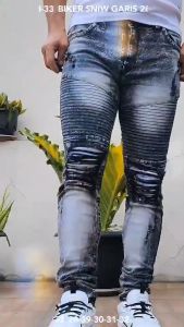 Celana Jeans Bikers Garis Terbaru Bisa COD Berbahan Denim Soft Jeans Premium Size 28 - 33