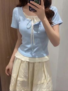 Sweet Summer Large Size T-Shirt Design U-Collar Short Sleeve Womens Work Clothing Fake Two-Piece Ballet Style Patchwork Pattern