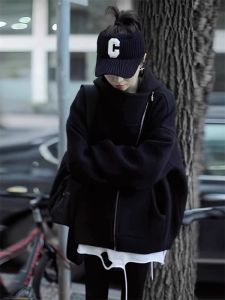 New Autumn Fashion Elegant Warm Black Hooded Zip Jacket Women