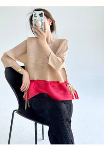 Nova quality⭐One person one pleat ⭐ Fashion color temperament Miyake fold top women spring and summer new loose round neck meat thin draw rope waist T-shirt