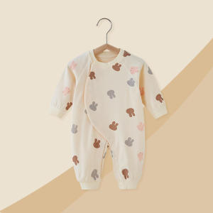 ชุดบอดี้สูทแขนยาวผ้าฝ้ายแท้สำหรับทารกแรกเกิดแบบบางสำหรับฤดูใบไม้ผลิและฤดูใบไม้ร่วงรอมเปอร์สูทลายการ์ตูนสำหรับเด็กทารกชายและหญิงชุดนอนเด็กชุดชั้นใน