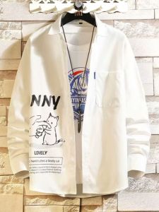 Áo Sơ Mi Nam Tay Dài Màu Trắng Mùa Xuân 2024 Mới Áo Khoác Ngoài Phong Cách Nhật Bản Hoạt Hình Mèo Tay Ngắn Áo Sơ Mi Trẻ Trung