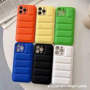 Simple Pure Color Candy Style Autumn Winter Leather Pattern 15 3D Air Cushion down Jacket Compatible with Apple 16 Phone Case iPhone 17 pro Max Lens Full Cover Anti-Fall Protective Cover 12 Skin Feel Hard Shell