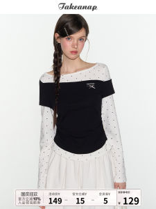 Takeanap Nap Time Irregular Plaid Long Sleeve Womens T-Shirt Casual Style Slim Fit Shoulder Design Cotton Blend Top