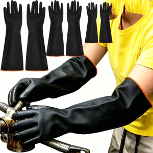 Thickened Double-Layer Long Rubber Work Gloves / Chemical Resistant Anti-Corrosion Safety Protective Gloves / Non-Slip Waterproof Household Cleaning Gloves