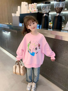 Pink Long Sleeve round Neck Kids Sweatshirt Spring Autumn Cartoon Print Loose Fit Girls Hoodie Comfortable Cotton Blend