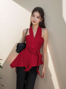 Chic Design Red Small Fragrant Style Neck Hanging Tank Top Womens Wear